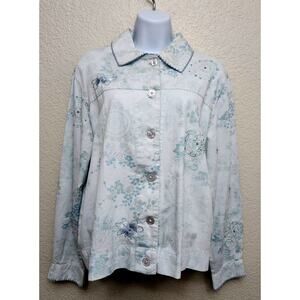 Vintage Clearwater Creek Blue Embroidered Sequin Floral Denim Top Large Soft